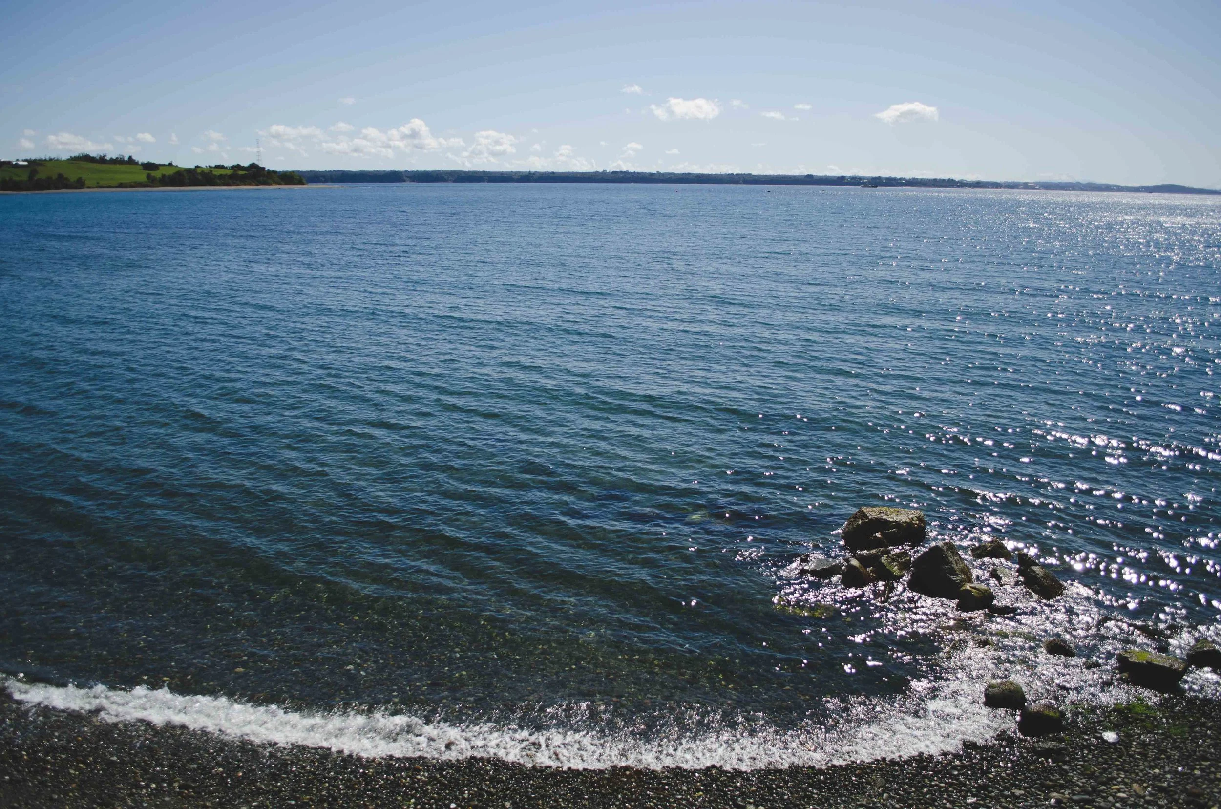 looking back towards Puerto Montt after disembarking the ferry in Chacao, Chiloé