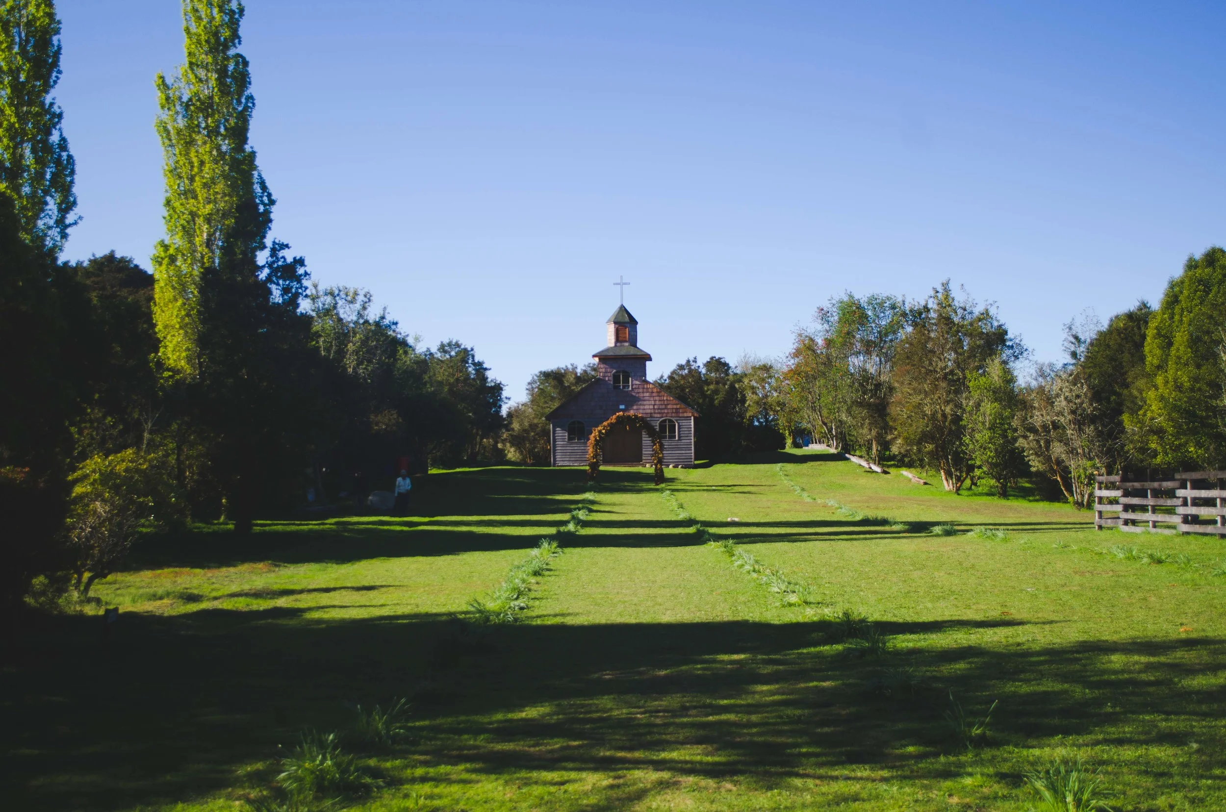 A church on Isla Aucar, Island of the Dead , accessed by a pedestrian bridge from the main island of Chiloé