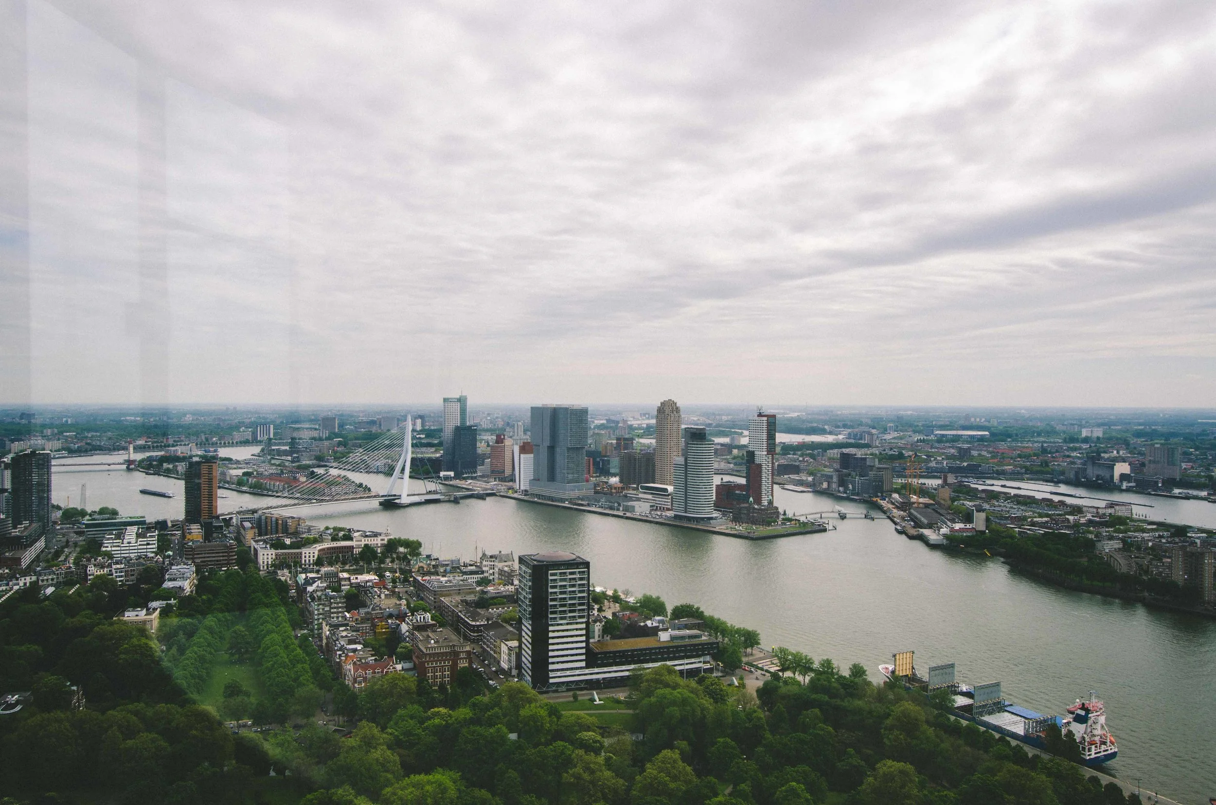 View from above (from the Euromast) of the Nieuwe Waterweg canal and Erasmus Bridge