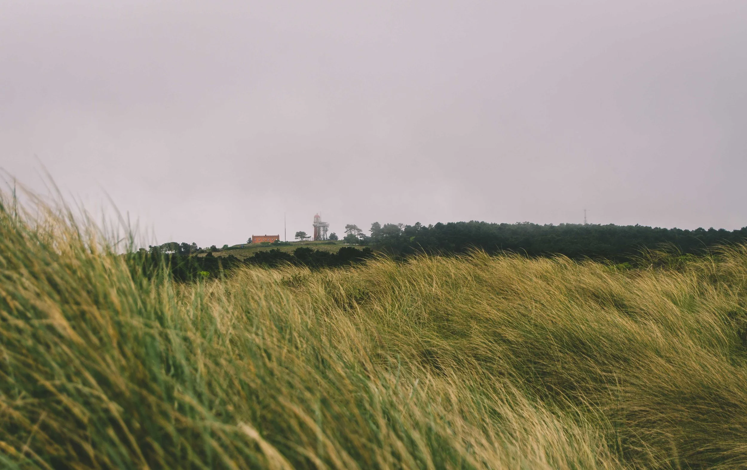 The island lighthouse amidst morning fog.