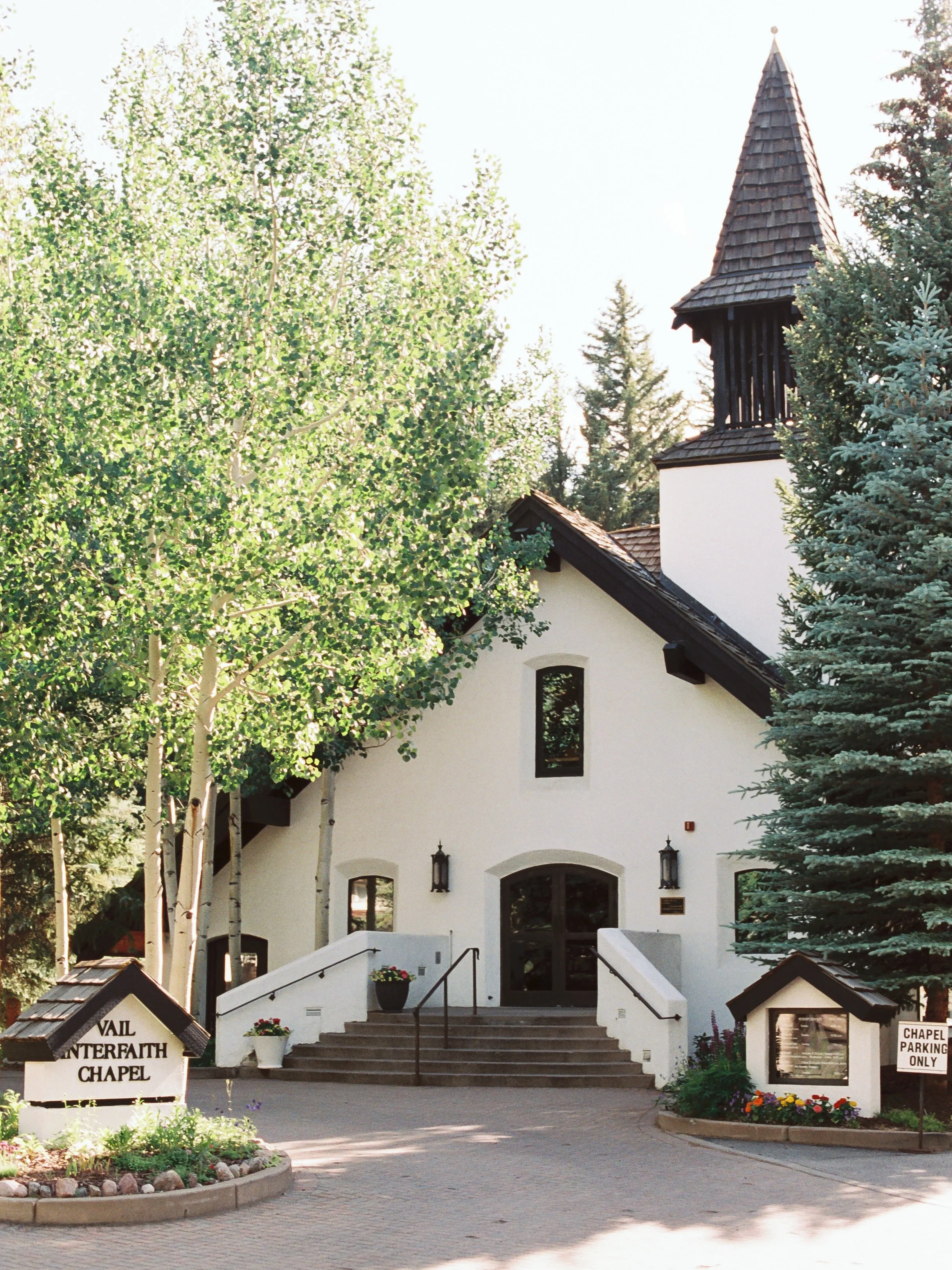 Exterior of the Vail Interfaith Chapel during a wedding weekend in Vail, Colorado