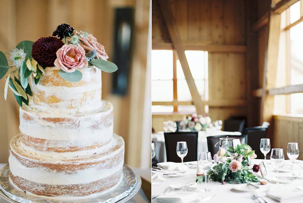 Naked wedding cake and reception room at Devils Thumb Ranch