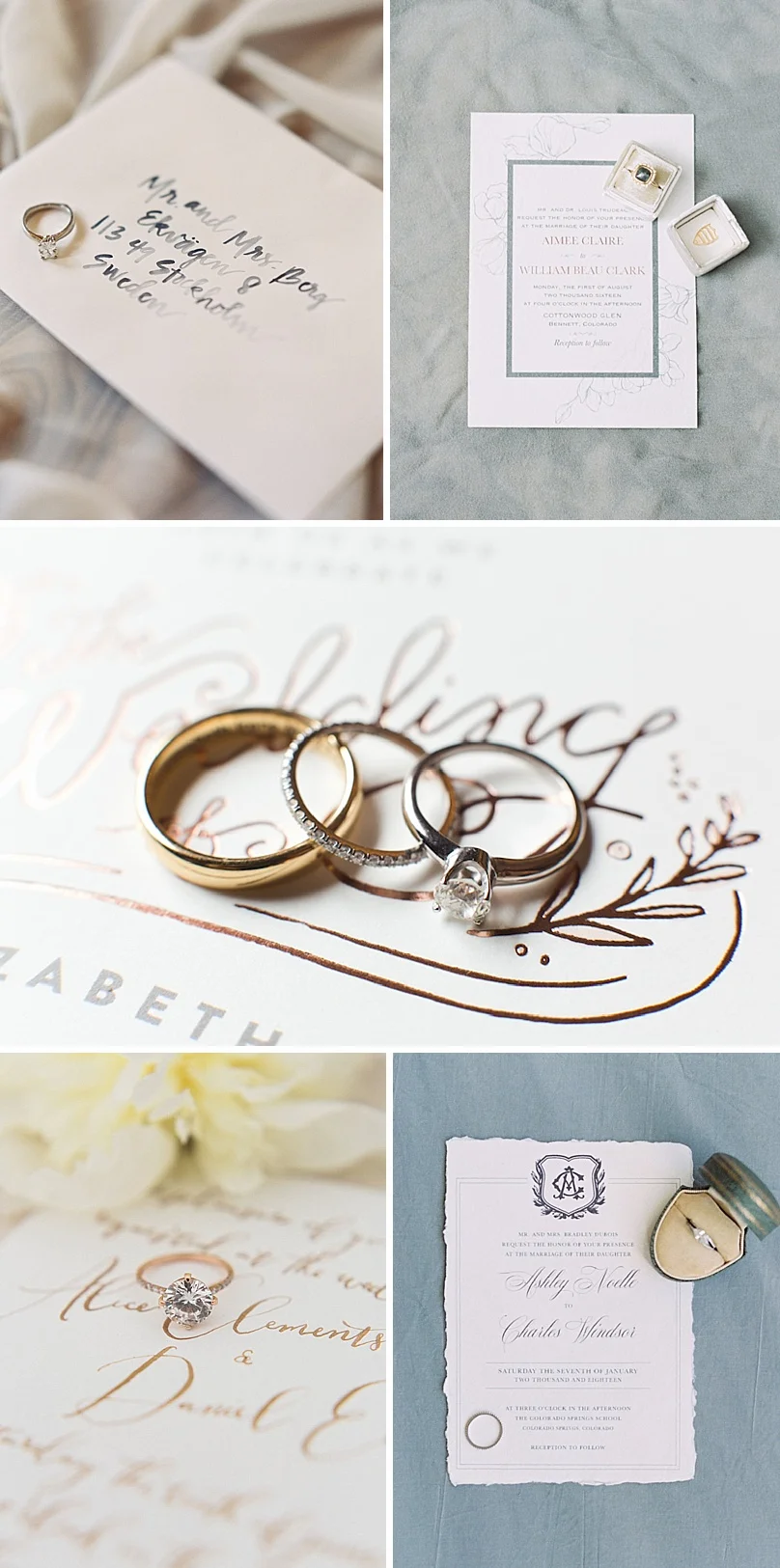 How to style your ring with your wedding invitations by The Styled Soiree, photos by: Top Row Carrie King Photography , Rachel Gomez Photography Middle: Jackie Cooper Photography Bottom Row: Michele with one L , Sara Lynn Photo