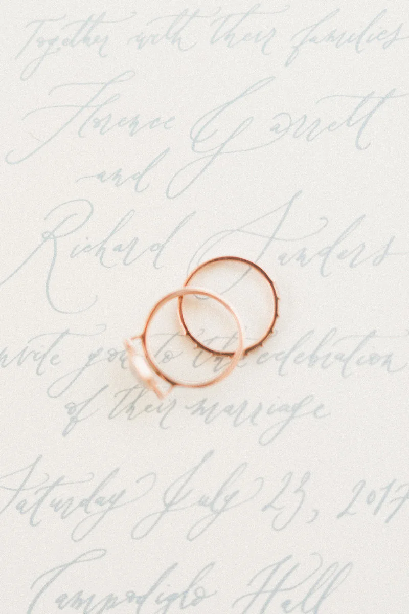 Beautiful calligraphy from Ettie Kim with wedding rings styled by The Styled Soiree, photo by Decorus Fine Art Photography