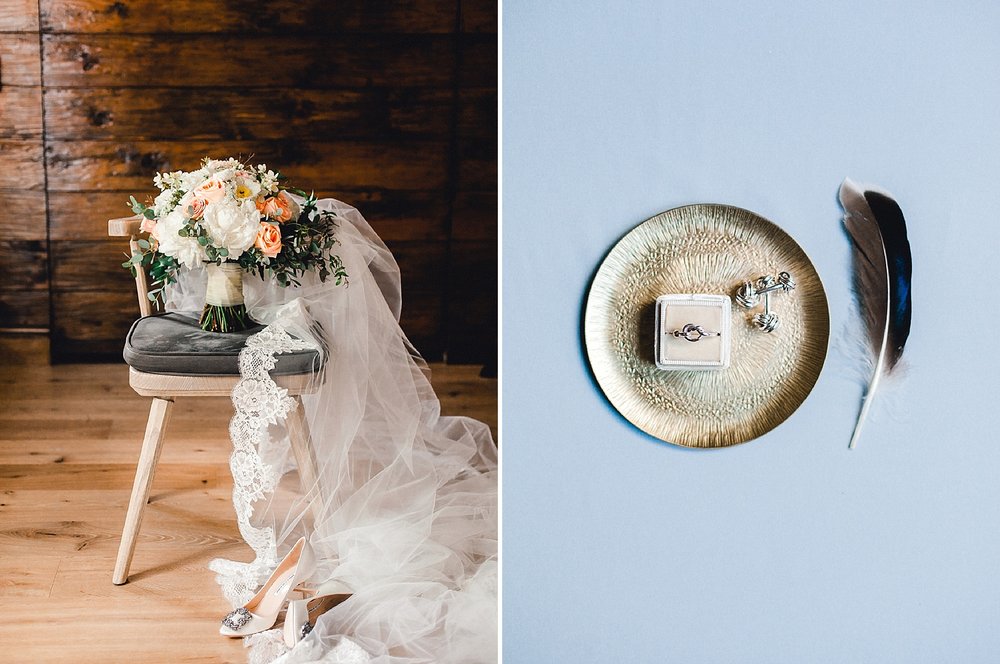 Wedding bouquet and veil with lovers knot rings at The Sonnenalp in Vail