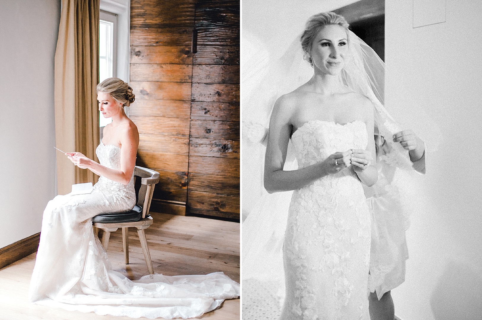 Bride reading a letter from her fiance and putting on her veil