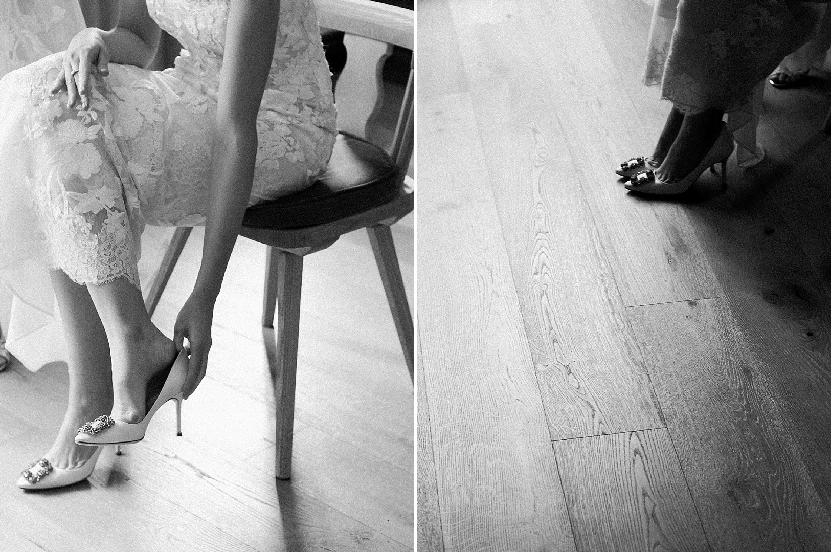 Bride putting on her wedding shoes at The Sonnenalp while getting ready