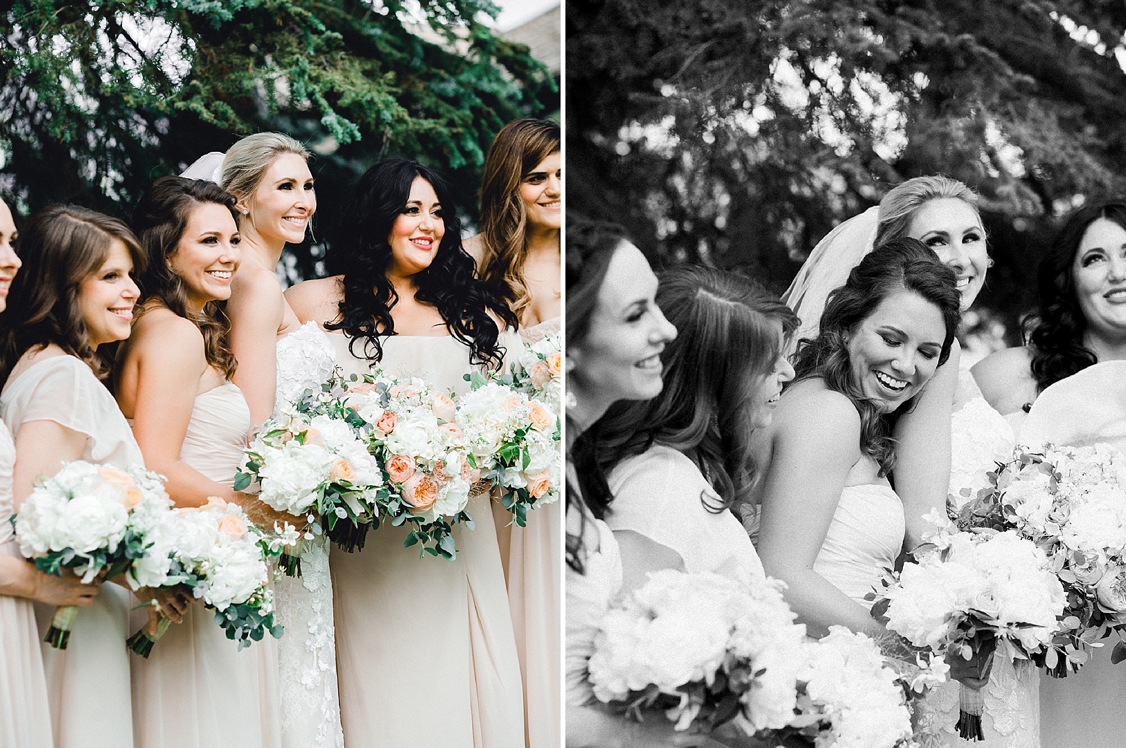 Bridesmaids with neutral dresses and blush and white bouquets with greenery