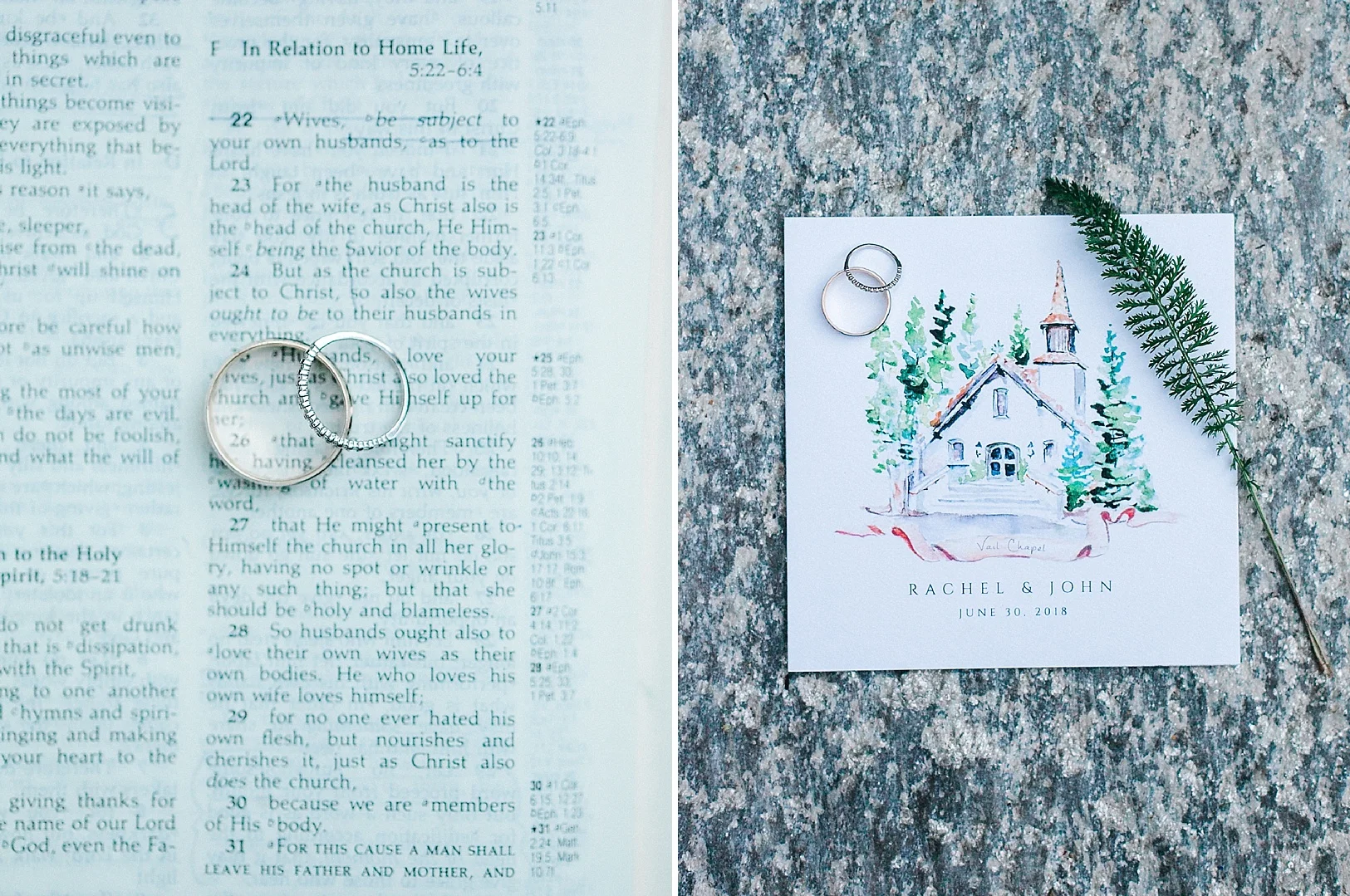 Wedding rings on a family bible and ceremony program with watercolor painting of Vail Interfaith Chapel
