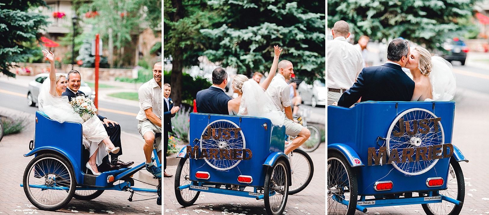 Bride and Groom taking a pedicab ride after wedding ceremony in Vail, Colorado