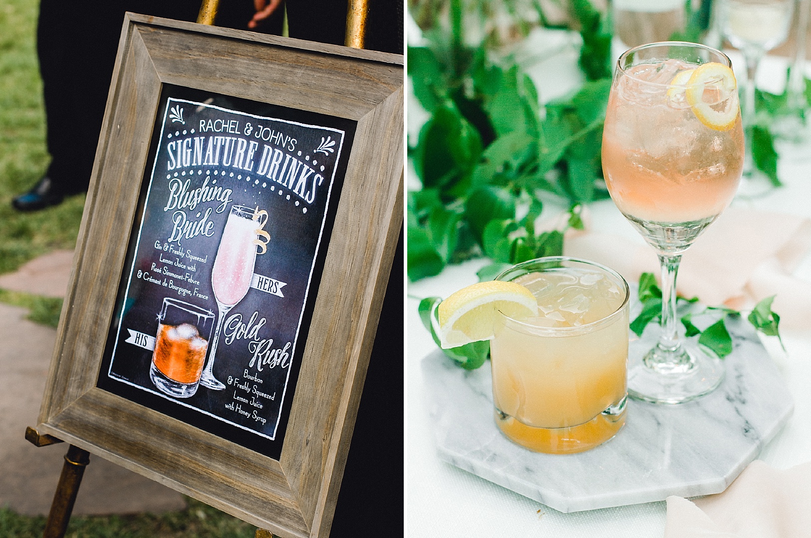 Custom cocktail sign with calligraphy and sketches for whiskey and gin drinks