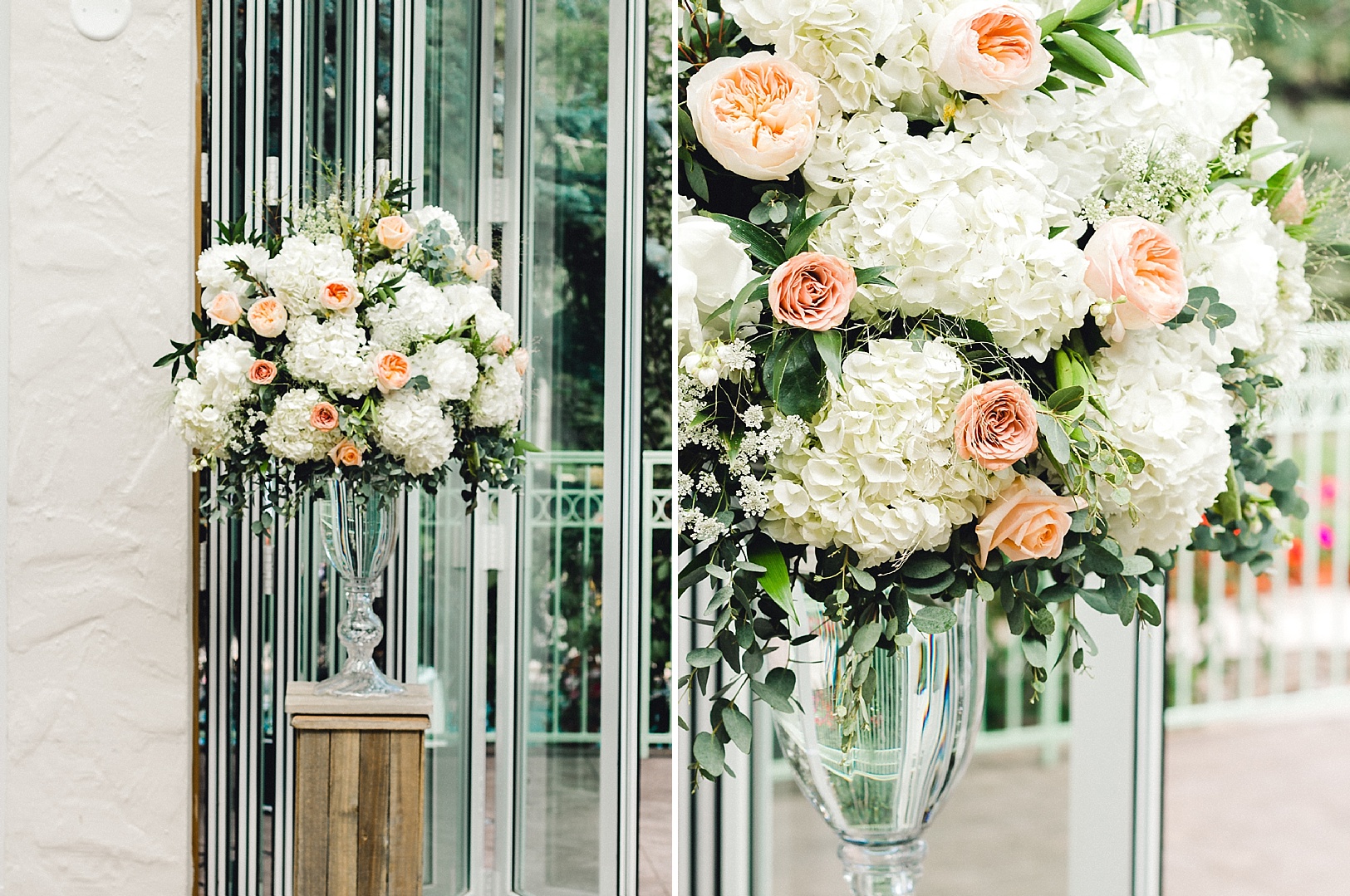 Classic floral arrangements with peonies, garden roses, and hydrangea for an elegant wedding