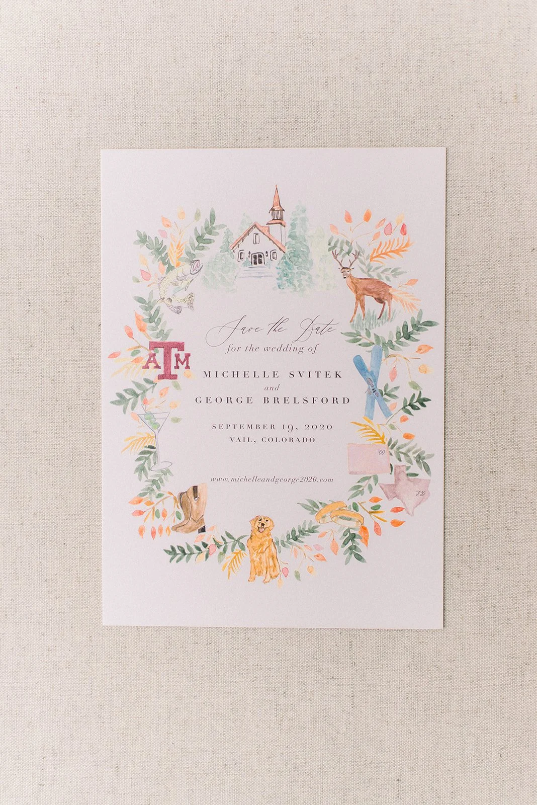 Illustrated wedding invitation featuring Vail Interfaith Chapel and autumn mountain details.