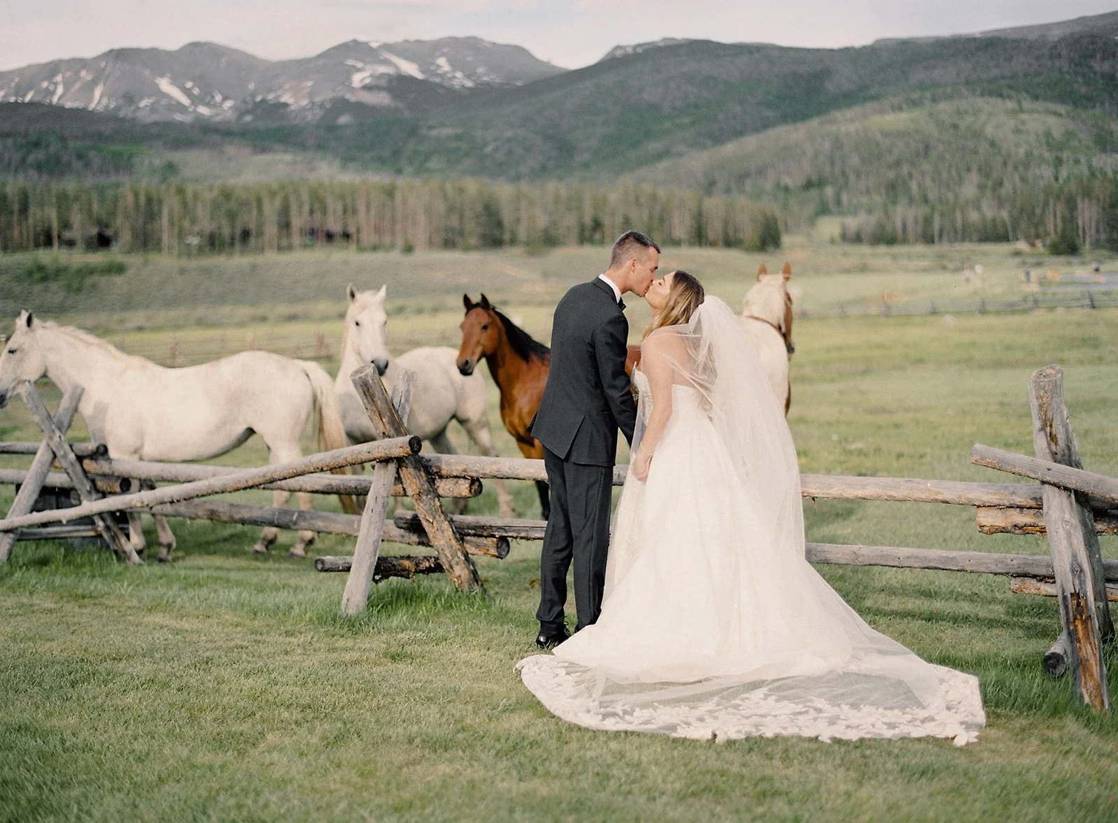 Bride and groom posing with a horse at Devil’s Thumb Ranch.