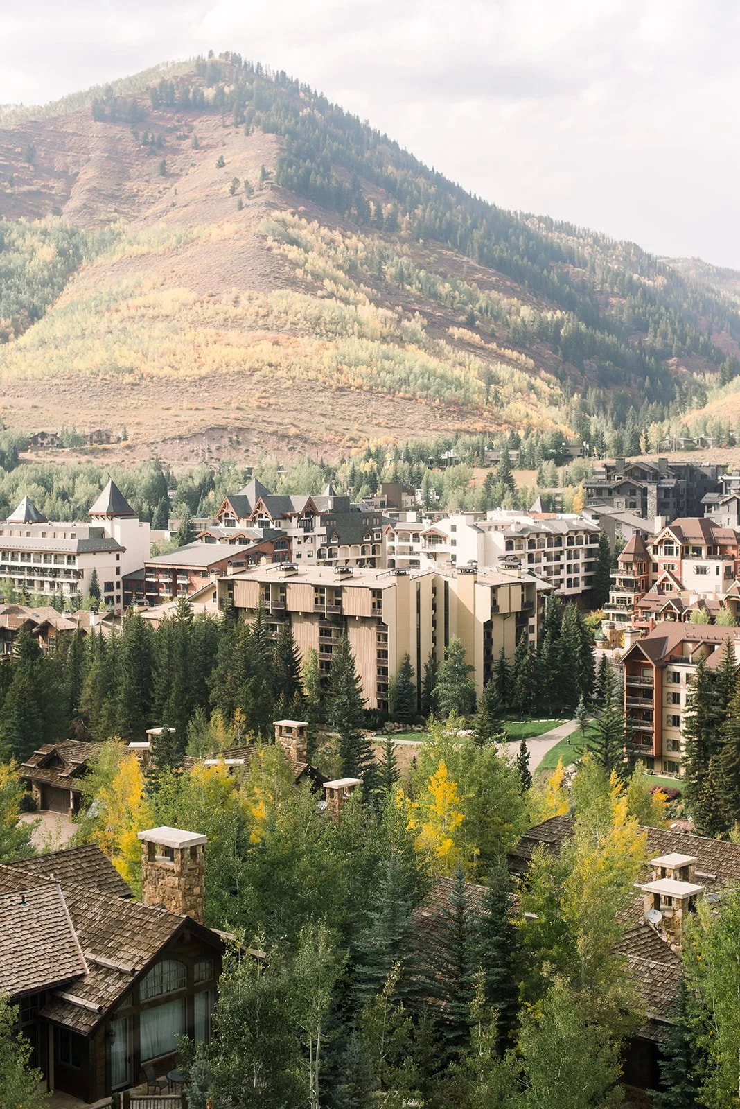 Autumn view over Vail Village toward the surrounding Colorado mountains.