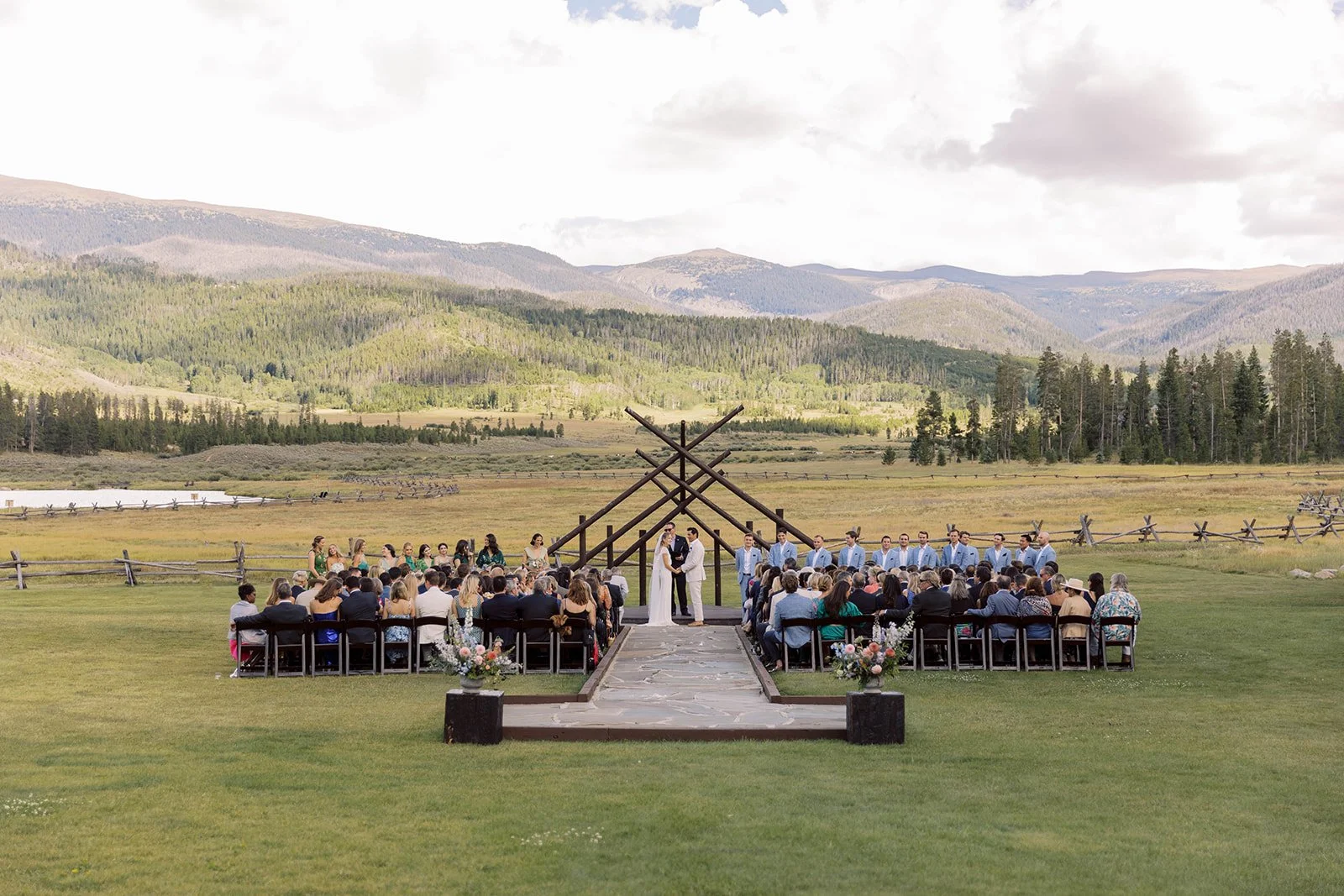 Outdoor wedding ceremony at Devil’s Thumb Ranch in Colorado