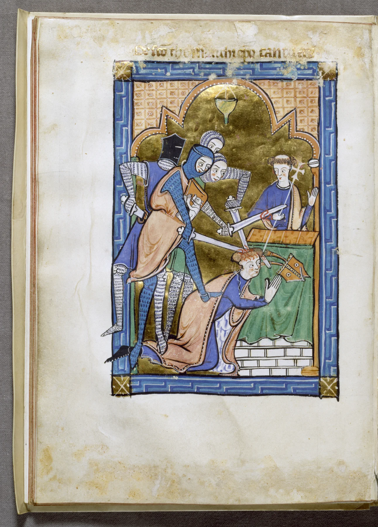 Miniature from an English psalter, circa 1250, depicting the shocking murder of St. Thomas Becket in Canterbury Cathedral, Walters Art Museum, Baltimore. Note the border of the Greek key pattern, symbol of eternal life.