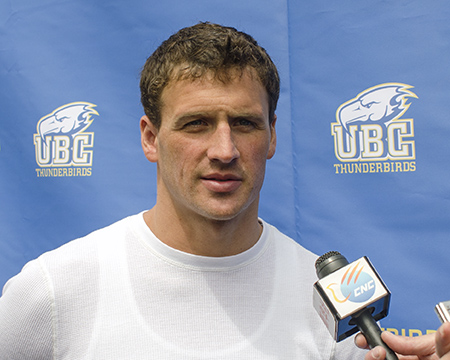 Ryan Lochte meets the press at the 2013 Mel Zajac Jr. International Canada Cup at the University of British Columbia in Vancouver.