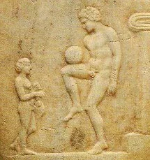This ancient Greek lekythos depicts a forerunner of soccer.