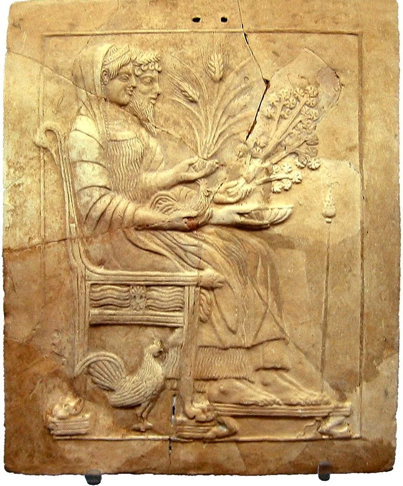 A relief of Persephone and Hades (Proserpina and Pluto) on the throne, found in what is now the Calabria region of Italy.