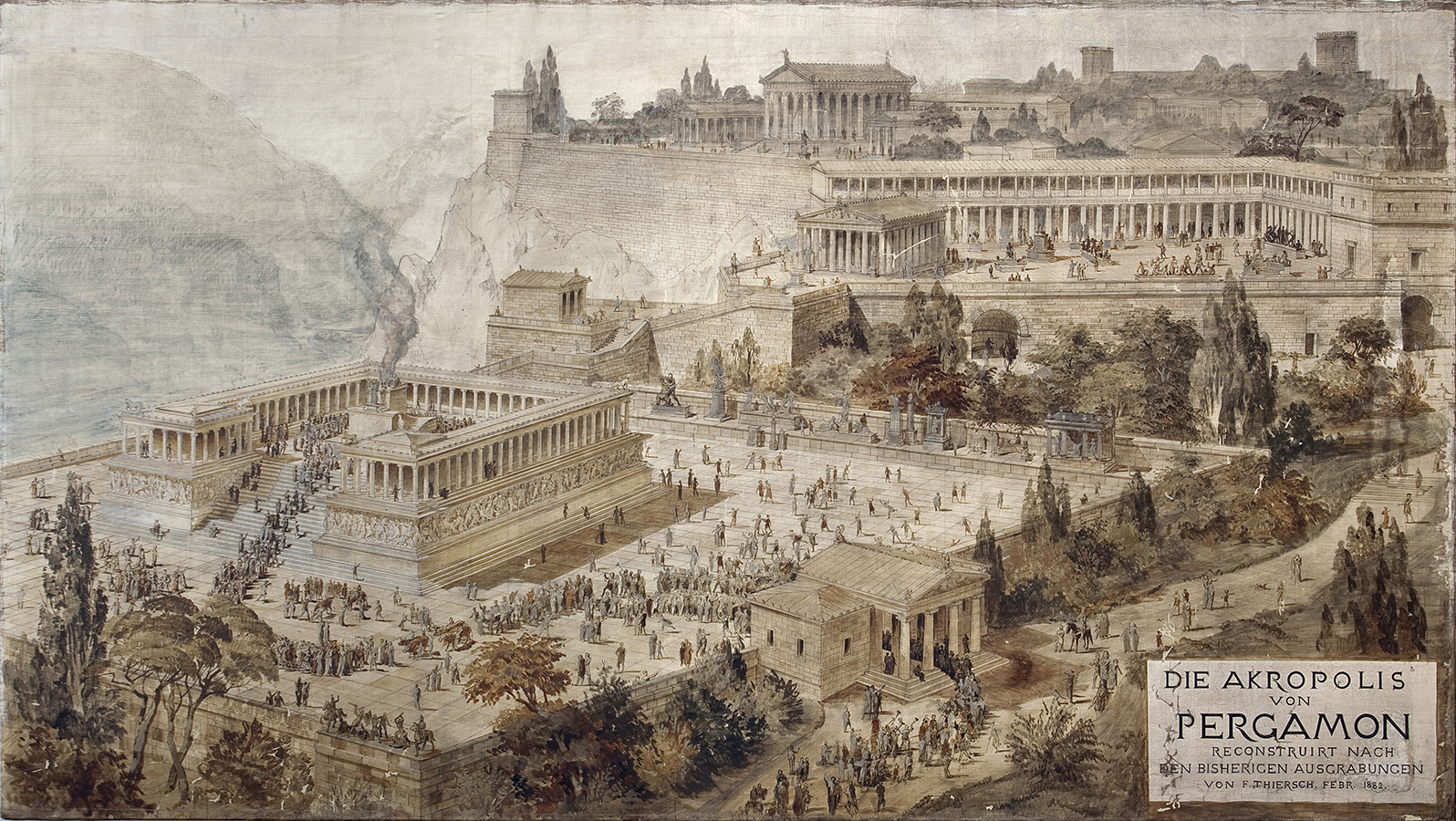 “The Akropolis of Pergamon” by Friedrich (von) Thiersch (1882), pen and ink with watercolor on canvas, Antikensammlung, Staatliche Museen zu Berlin. Image copyright SMB/Antikensammlung.