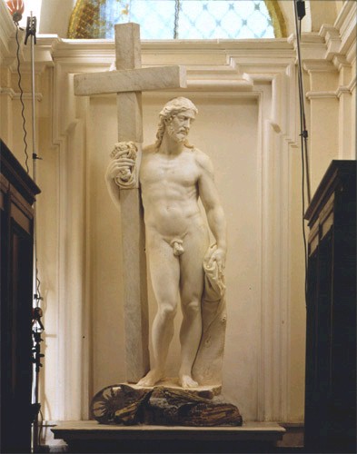 The original version ofMichelangelo’s “Risen Christ” or “Christ Carrying the Cross” (1519-20, marble) in the church of Santa Maria sopra Minerva in Rome.
