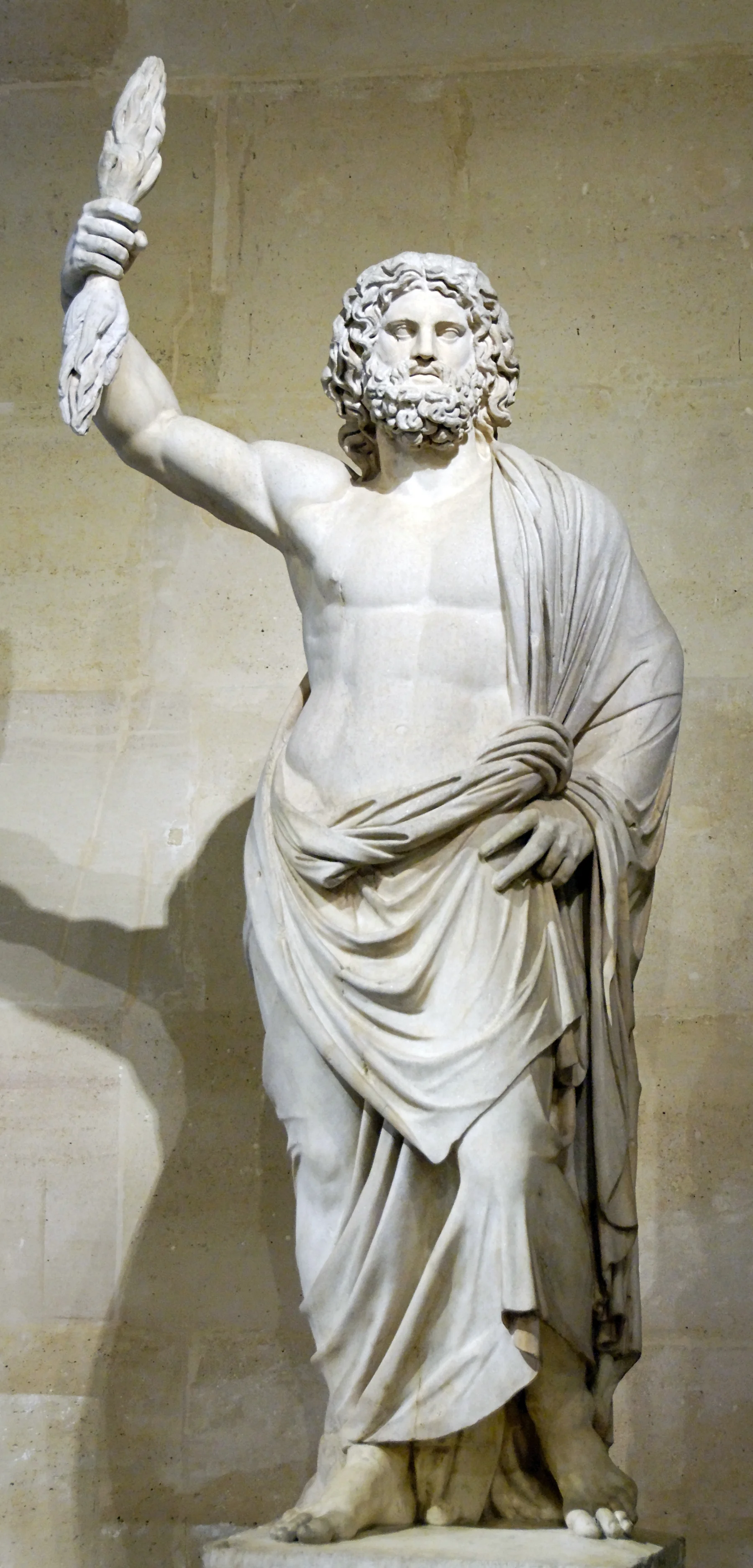“Jupiter of Smyrna”: Sky god Zeus – Jupiter or Jove in Roman mythology – wielding his thunderbolt at the Musée du Louvre in a marble statue (circa 250) restored in 1686 by Pierre Granier. Photograph by Marie Lan-Nguyen.
