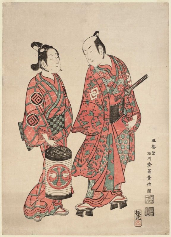 A woodblock print by Ishikawa Toyonobu, circa 1740, showing two actors portraying a wakashū (left) and an adult man.
