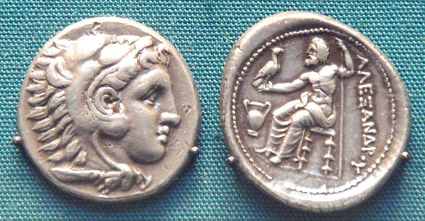Coin of Alexander the Great with the lion’s head of his ancestor, Heracles (Hercules). British Museum.
