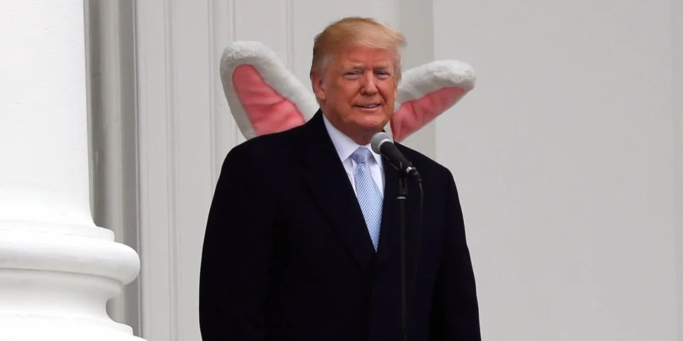 Donald Trump with the Easter Bunny at the White House Easter Egg Roll. Be afraid, Mr. Easter Bunny, be very afraid. Image here via Business Insider.