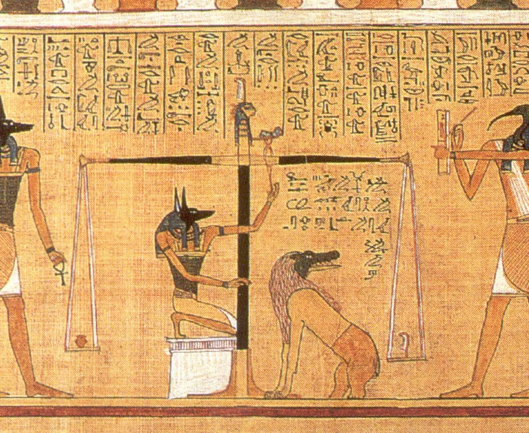 In “The Egyptian Book of the Dead,” the heart of the deceased is weighed against the feather of truth.