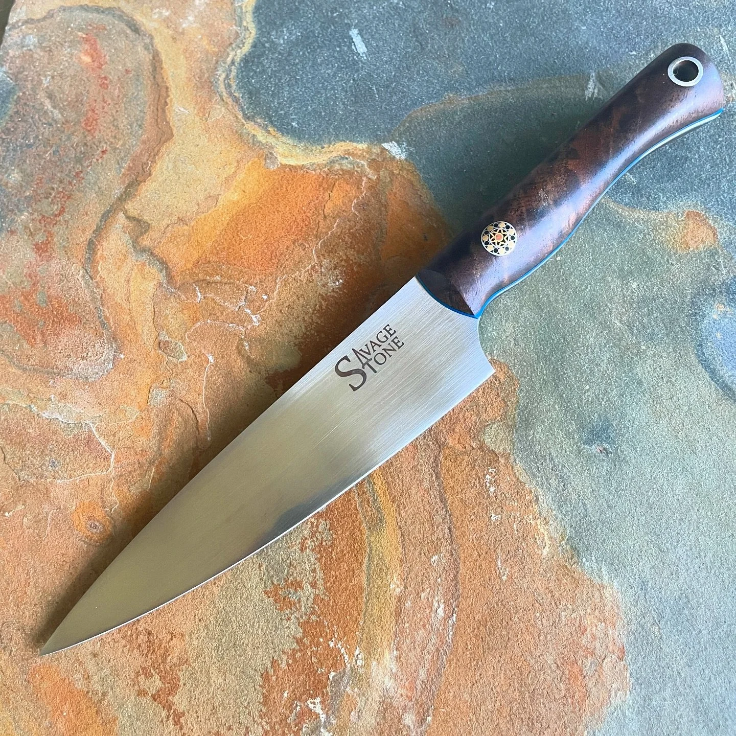 *GONE* Commissioned 5.5&rdquo; Petty/Utility in Nitro-V wearing Claro walnut scales with blue G10 liners; stainless, brass and copper mosaic pin; maple and poplar saya. Put some contours on this one which make it feel great in the hand, plus I think 