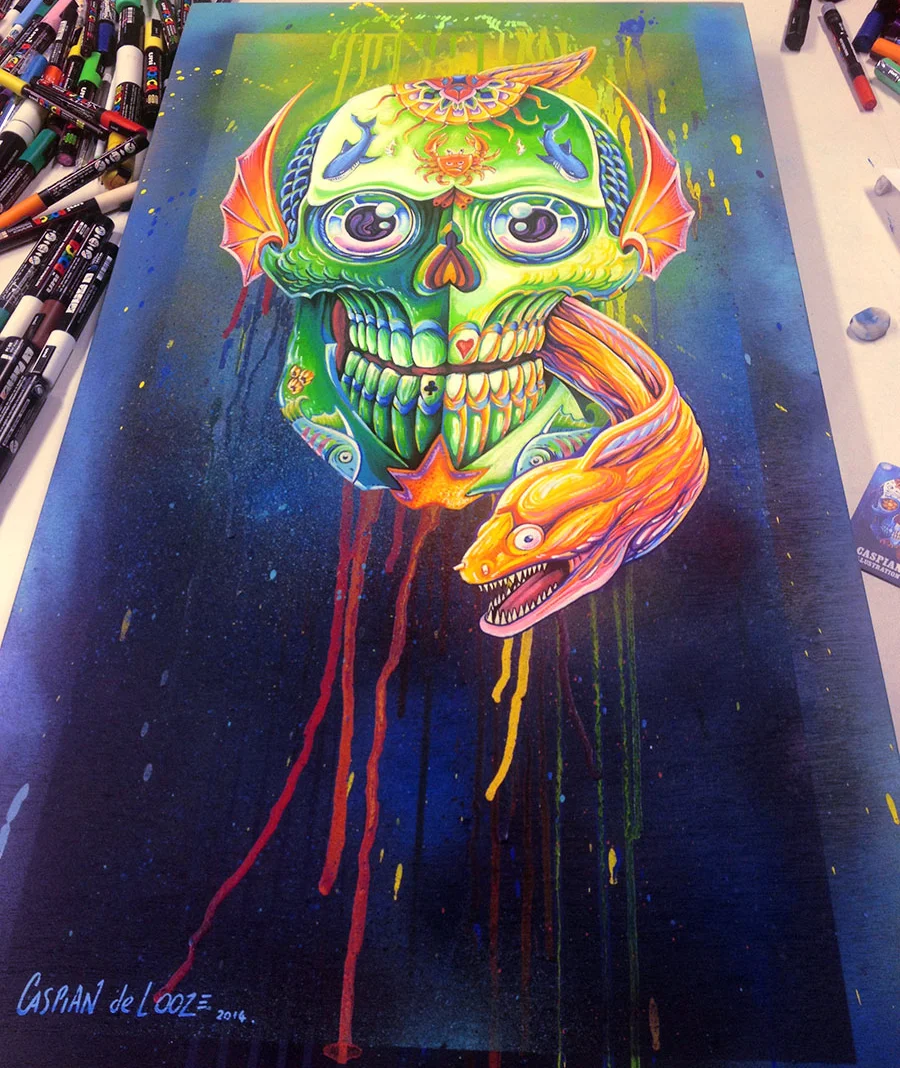 Deep Sea Casual – by Caspian de Looze – Posca Pens and Mixed Media on Wood Panel.