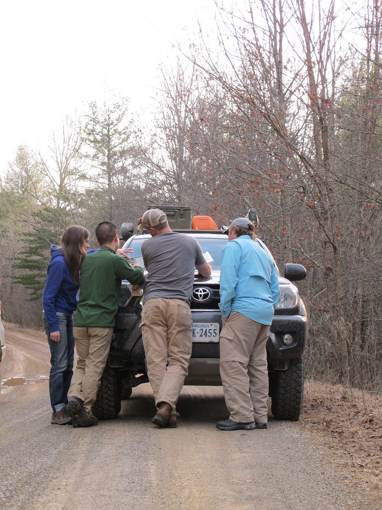 Huddled up for some last minute route planning on Tub Run Rd. in New Castle, VA.