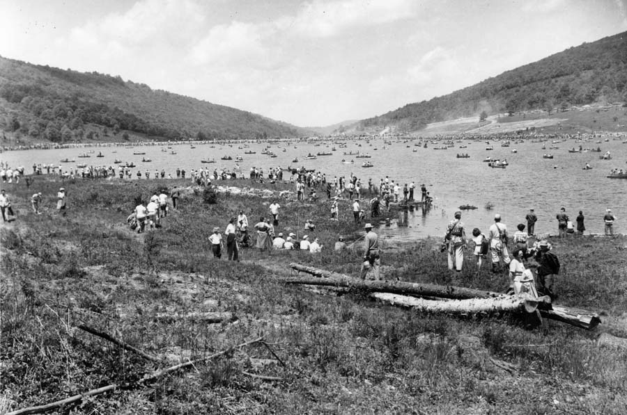 Just a portion of the 15,000 visitors that jammed Spruce Knob Lake on opening day circa 1953