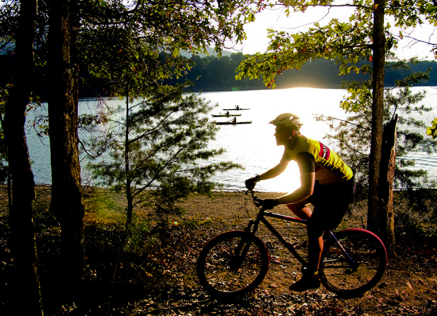Mountain biking and kayaking at Carvin's Cove.