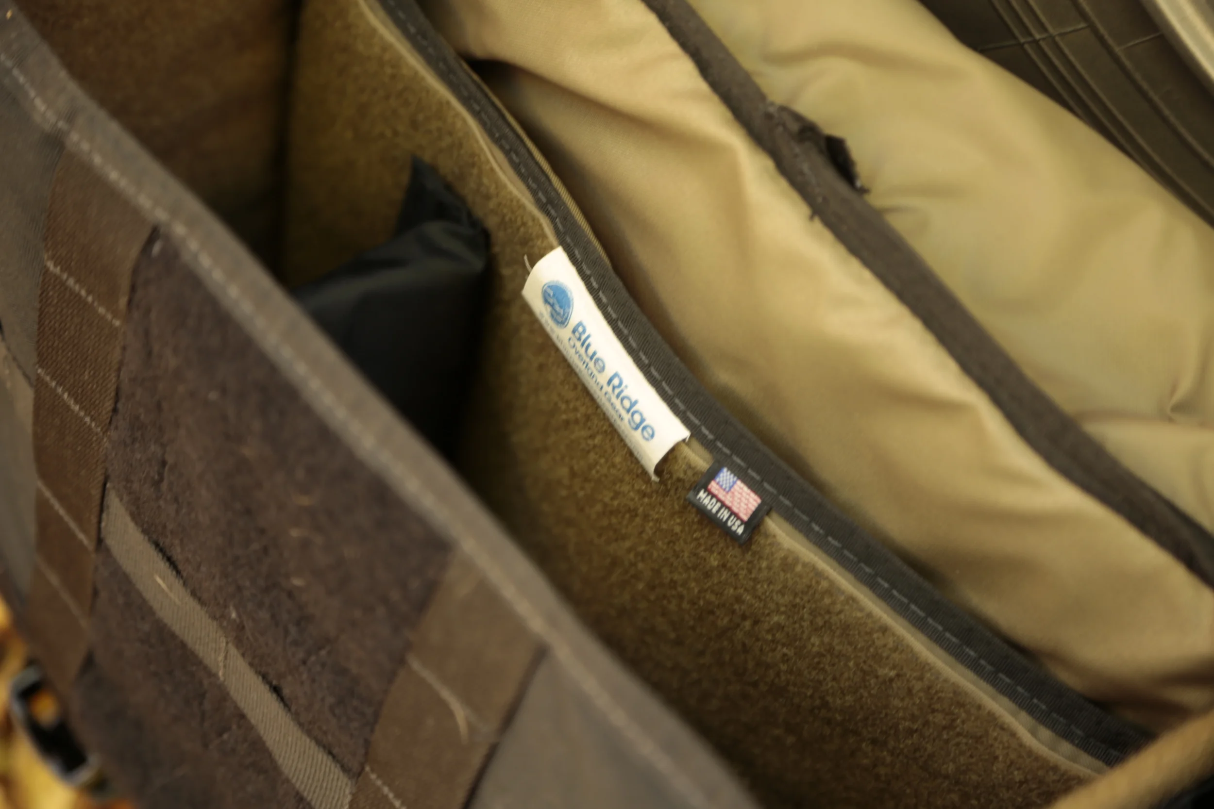 The inside of the G2G Bag with hook and loop panels that bear the mark of genuine American made quality.