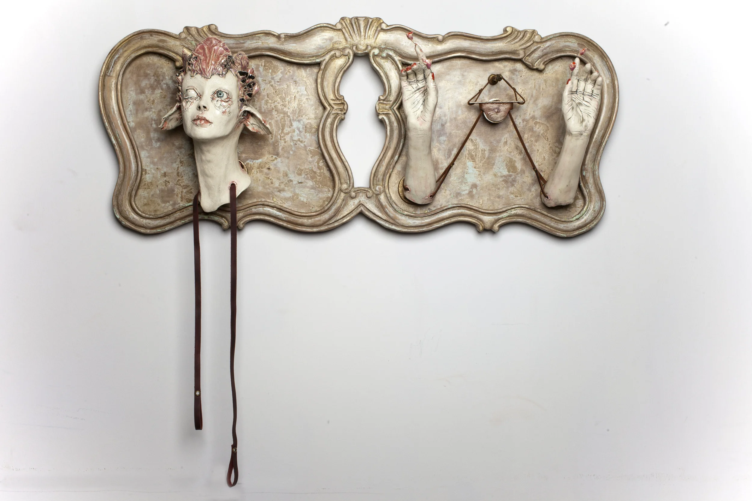 Every Prophet in His House ceramic, found object, leather and wood 18"x37"x12"