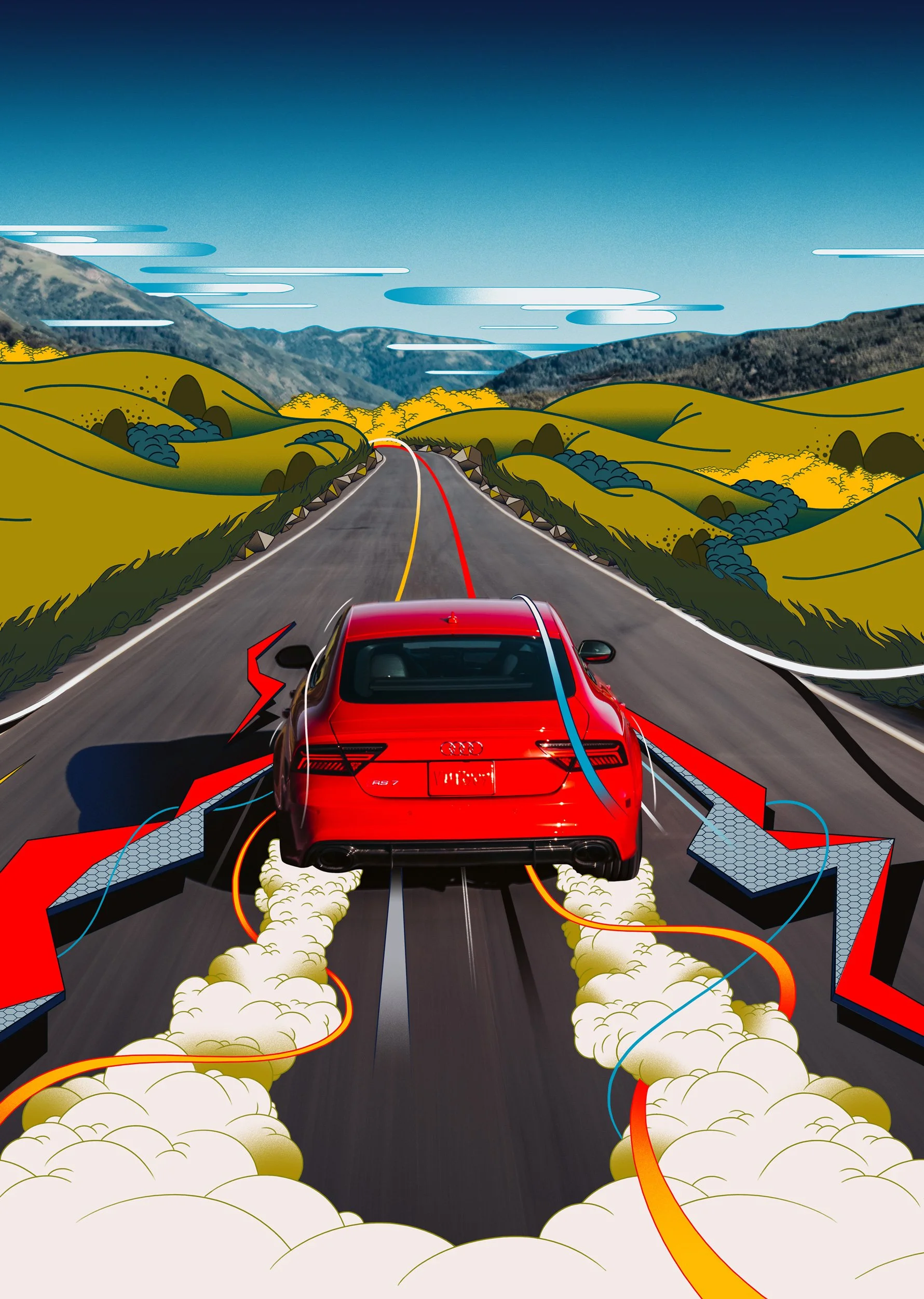 Audi RS7 illustration artwork showcasing the surreal landscapes and energy of Audi.