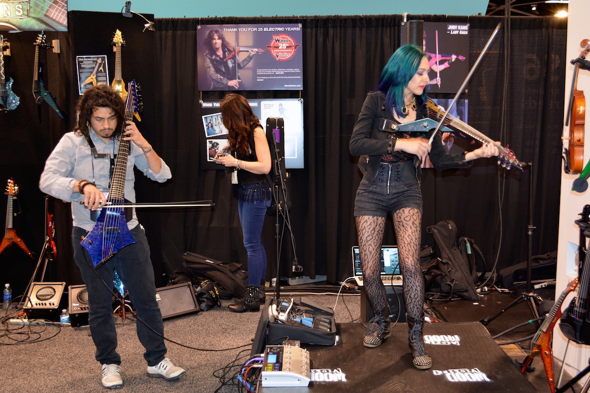 Rockin' out at the Wood Violins booth, NAMM 2015