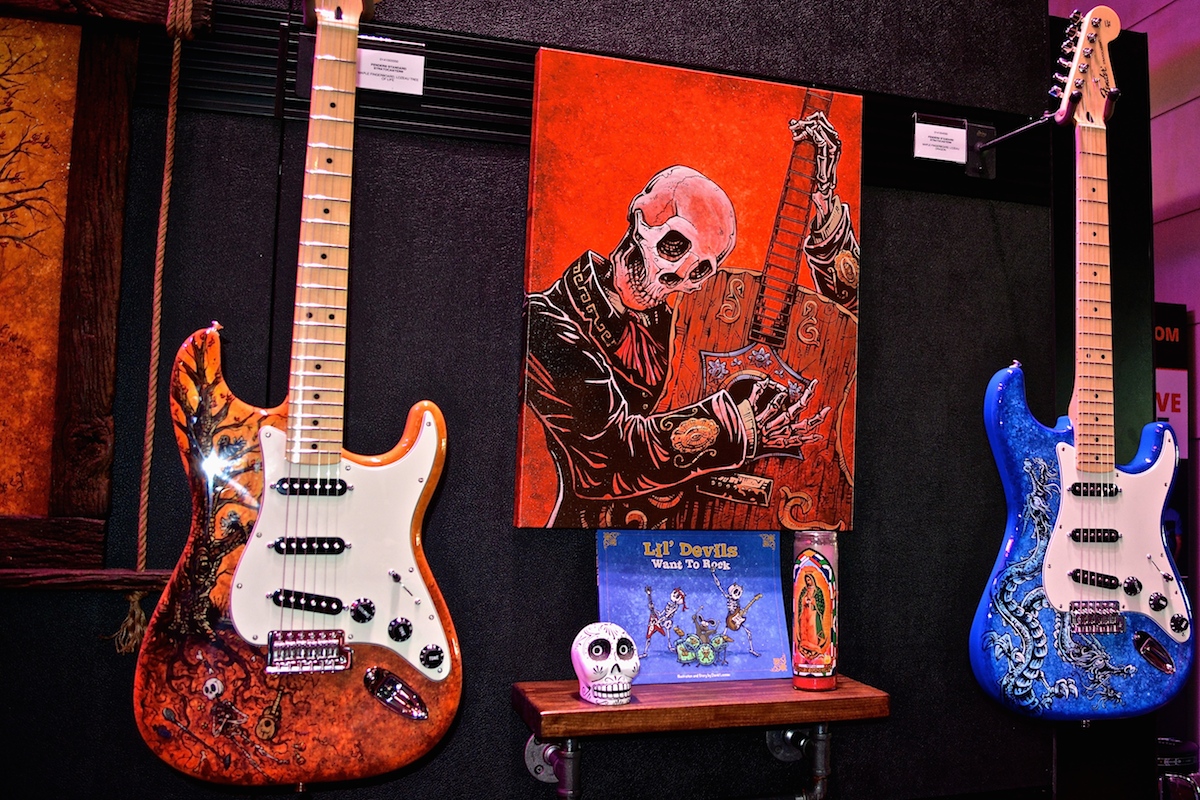 "Lil' Devils Want To Rock" Fender guitars, hand-painted. NAMM 2015. ©WoTR Radio