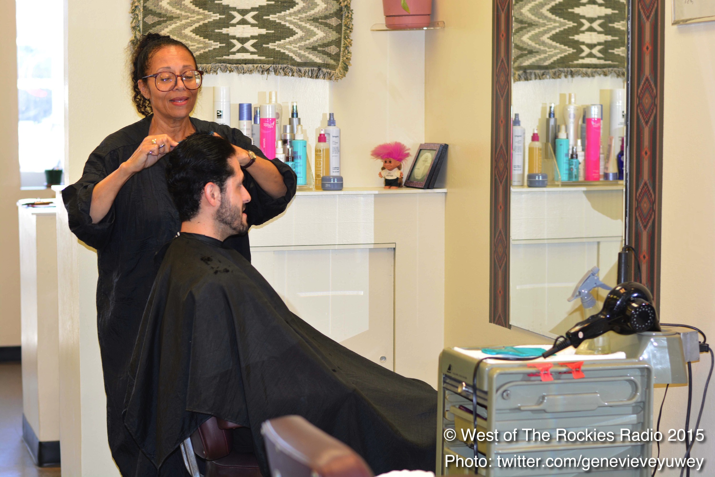 Frank getting a haircut from Lynn at Shear Perfection.