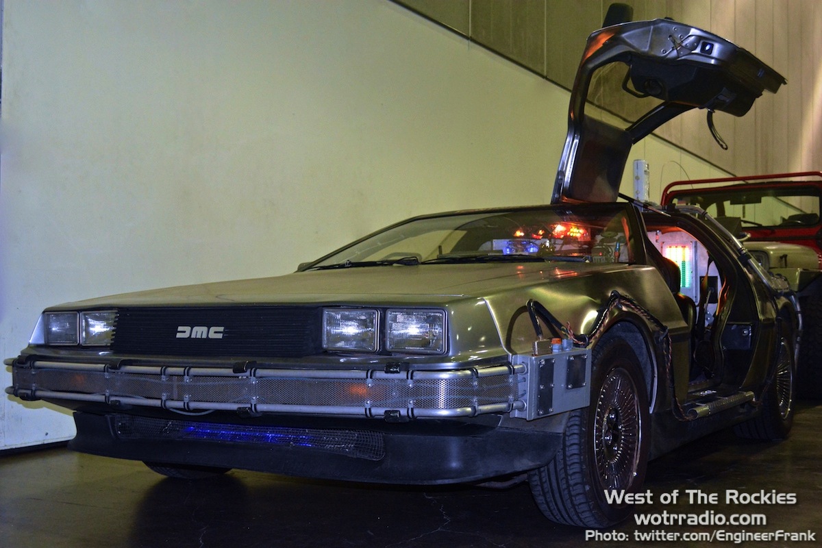 Front view of the DeLorean, fully-equipped BTTF style, at the www.teamtimecar.com booth.