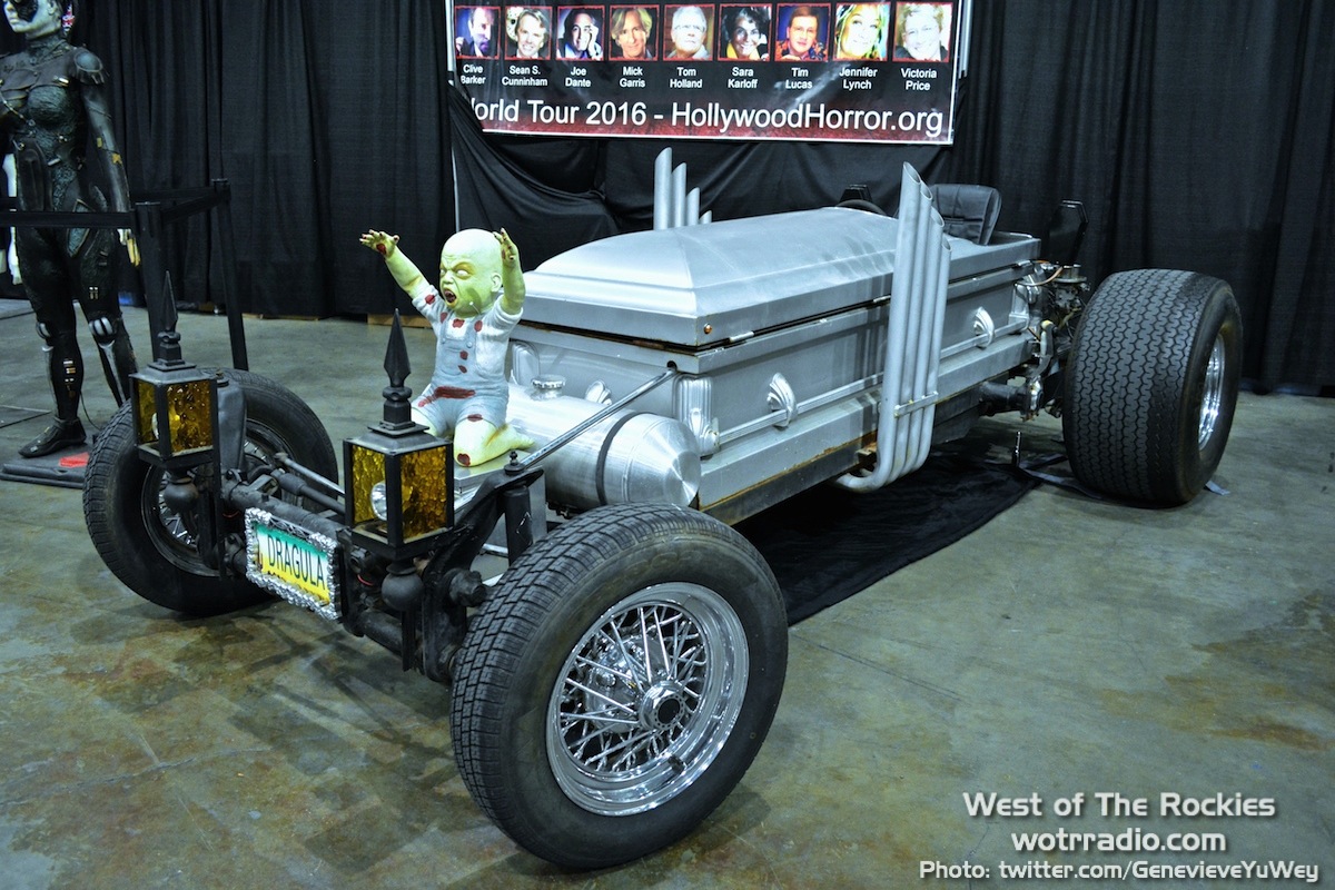 The DRAG-U-LA car from The Munsters, at the Hollywood Horror Museum booth.