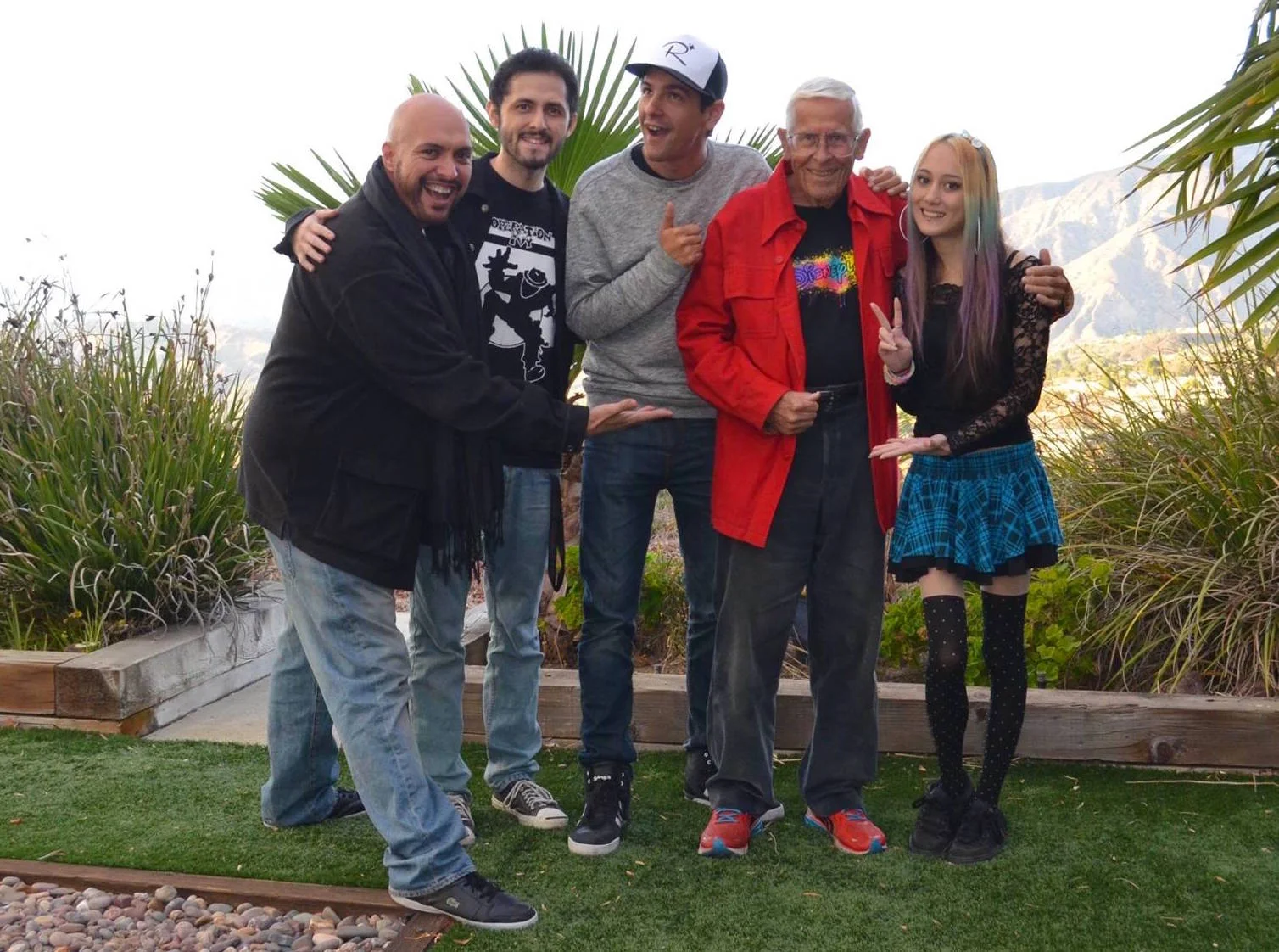 Group photo, taken in Bob’s garden (From Left: Ernie Alonzo, Frank Argueta, Justin Scarred, Bob Gurr, Genevieve Federhen).