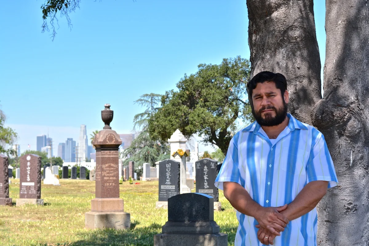 Mario Becerra at Evergreen Cemetery, East Los Angeles. Photo: Frank Argueta, WoTR Radio 2016.
