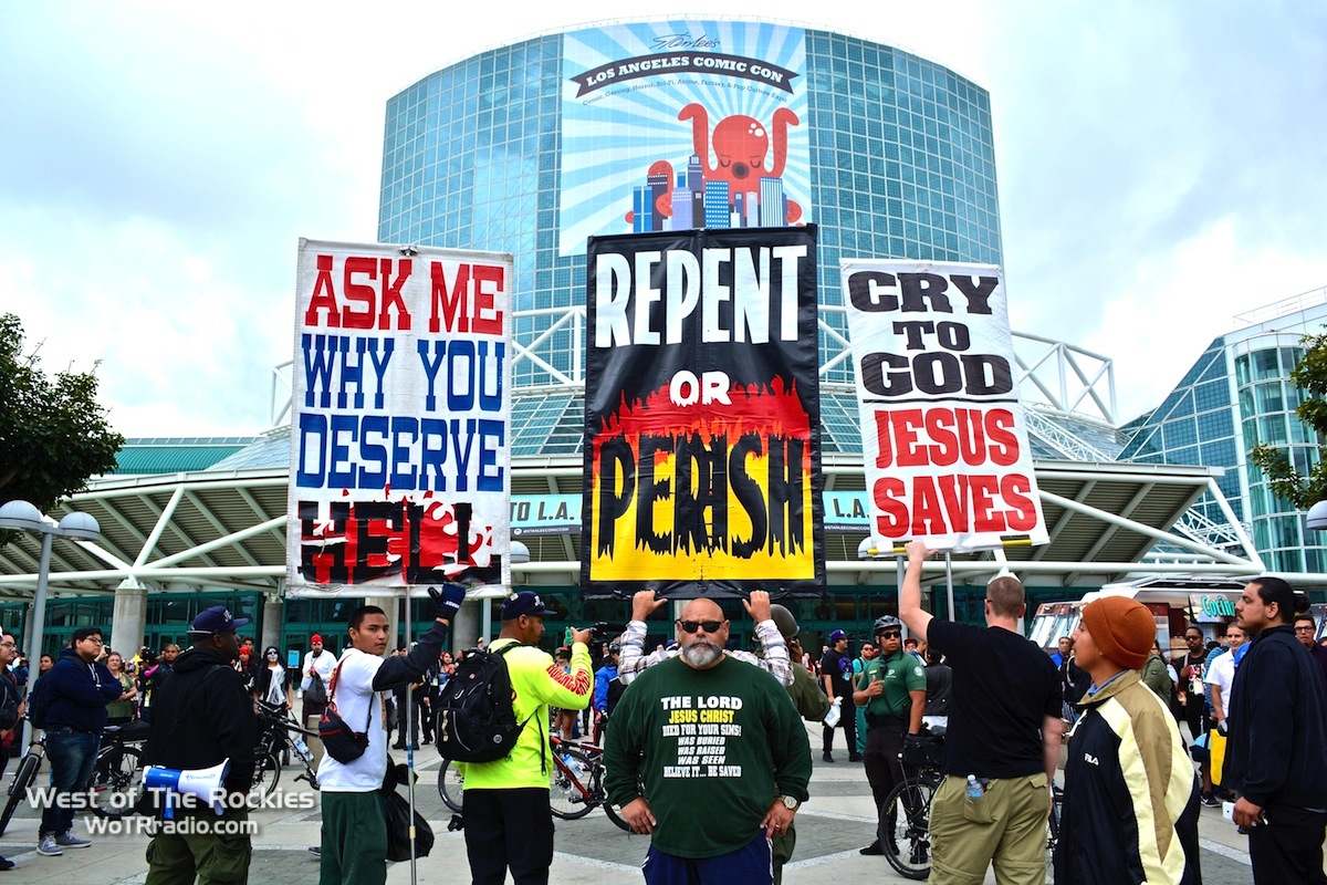 Things got all "the power of Christ compels you" outside of the convention center on Sunday afternoon.