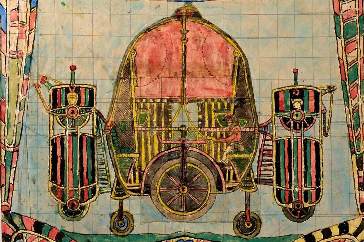 One of many watercolor paintings by Dellshau depicting a mysterious airship ("Aero"), circa 1919.