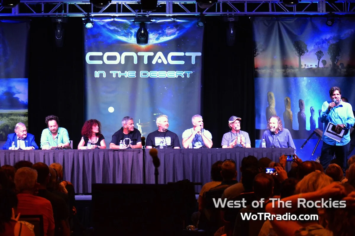 Host of Fade to Black radio, Jimmy Church (right), introducing the "Ancient Aliens: The Best Evidence" panelists. (From L to R) Erich Von Daniken, Giorgio A. Tsoukalos, Sonja Grace, Michael Tellinger, Hugh Newman, Jim Vieira, Brien Foerster & Dr. Robert Schoch.