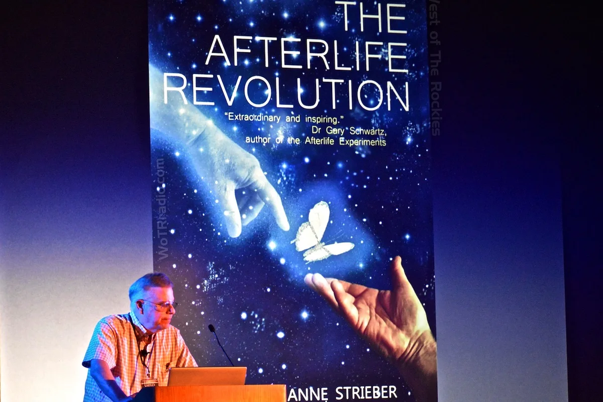 Whitley Strieber during his presentation on his latest book, The Afterlife Revolution , at the Contact In The Desert Conference, 2018.